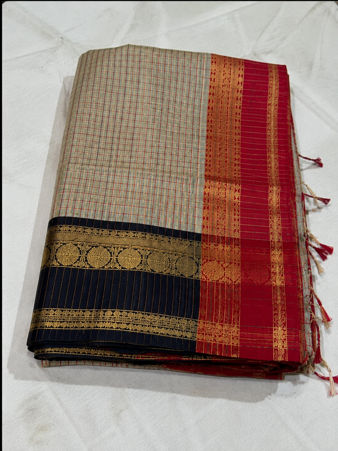 Ivory Tissue Silk Saree with Navy Blue & Red Zari Border