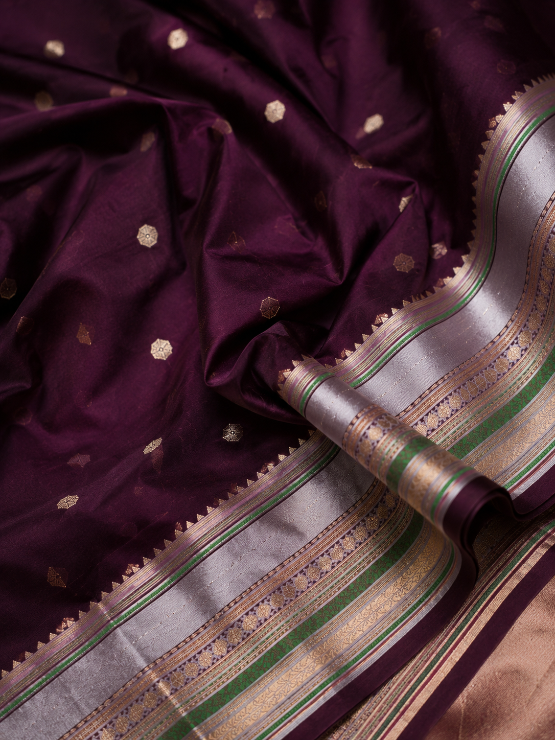 Deep Wine Katan Silk Saree with Golden Pallu