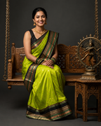 Lime Green Katan Silk Saree with Black Gold Zari Border