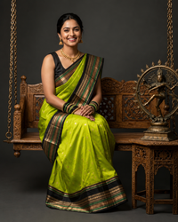 Lime Green Katan Silk Saree with Black Gold Zari Border