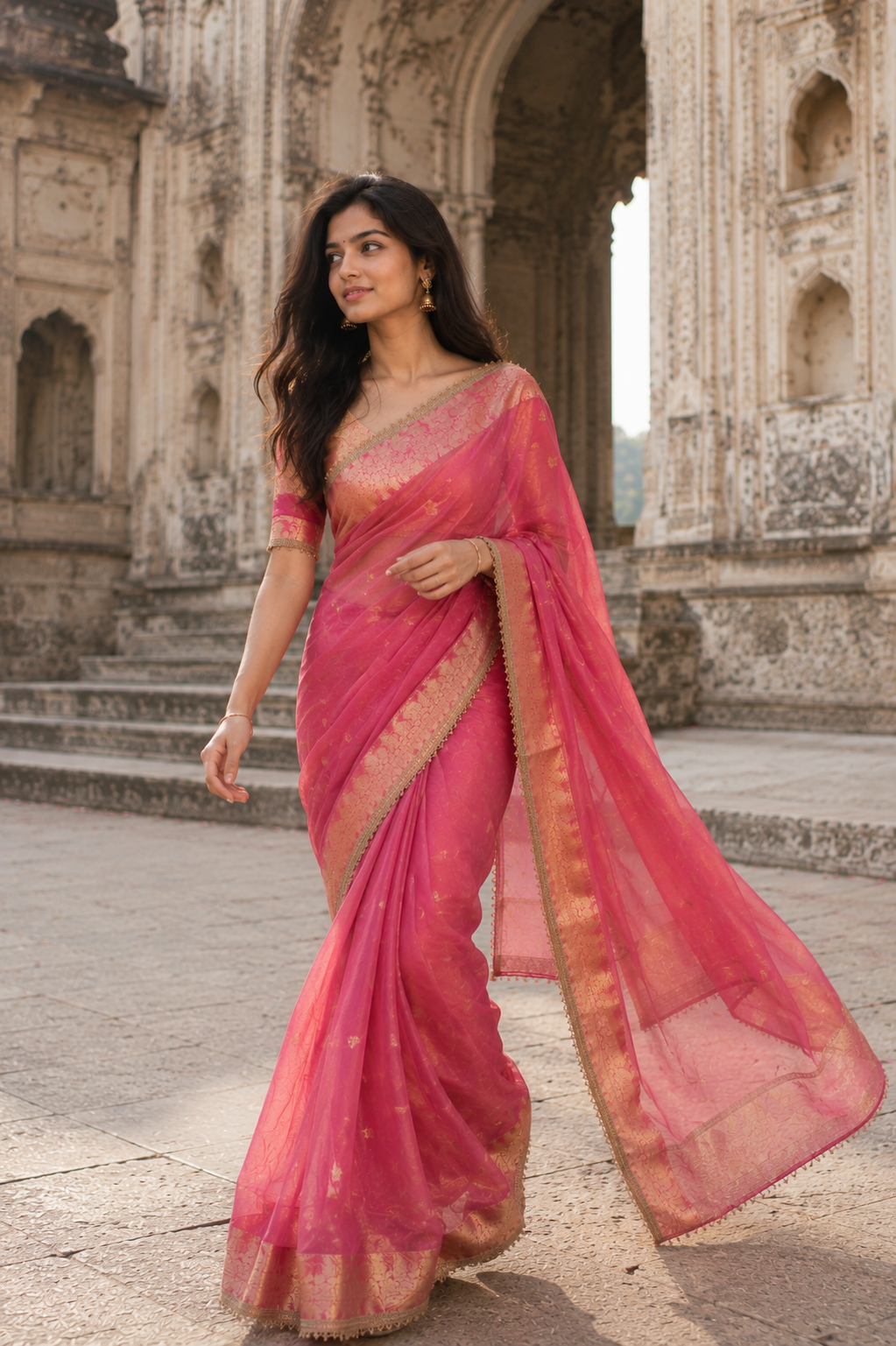 Rose Pink Tissue Silk Saree with Gold Lace Fringe