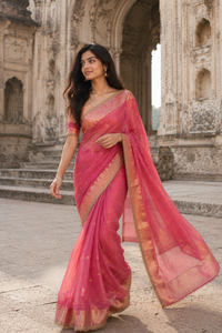 Rose Pink Tissue Silk Saree with Gold Lace Fringe
