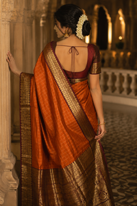 Rust Orange Katan Check Silk Saree with Gold Border