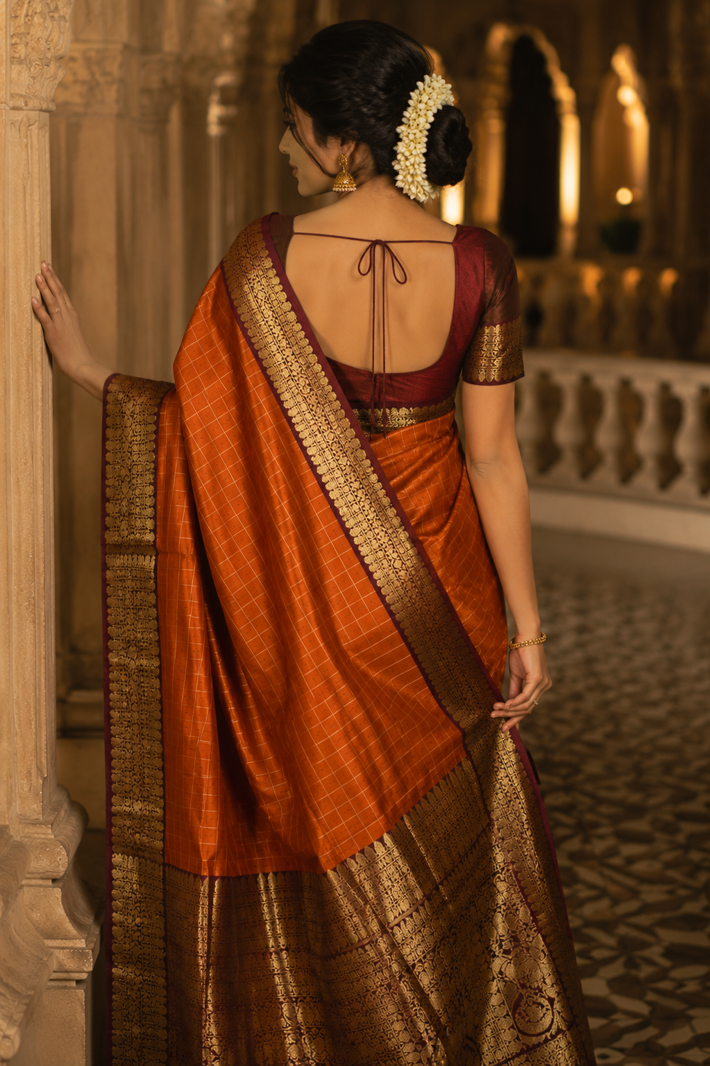 Rust Orange Katan Check Silk Saree with Gold Border