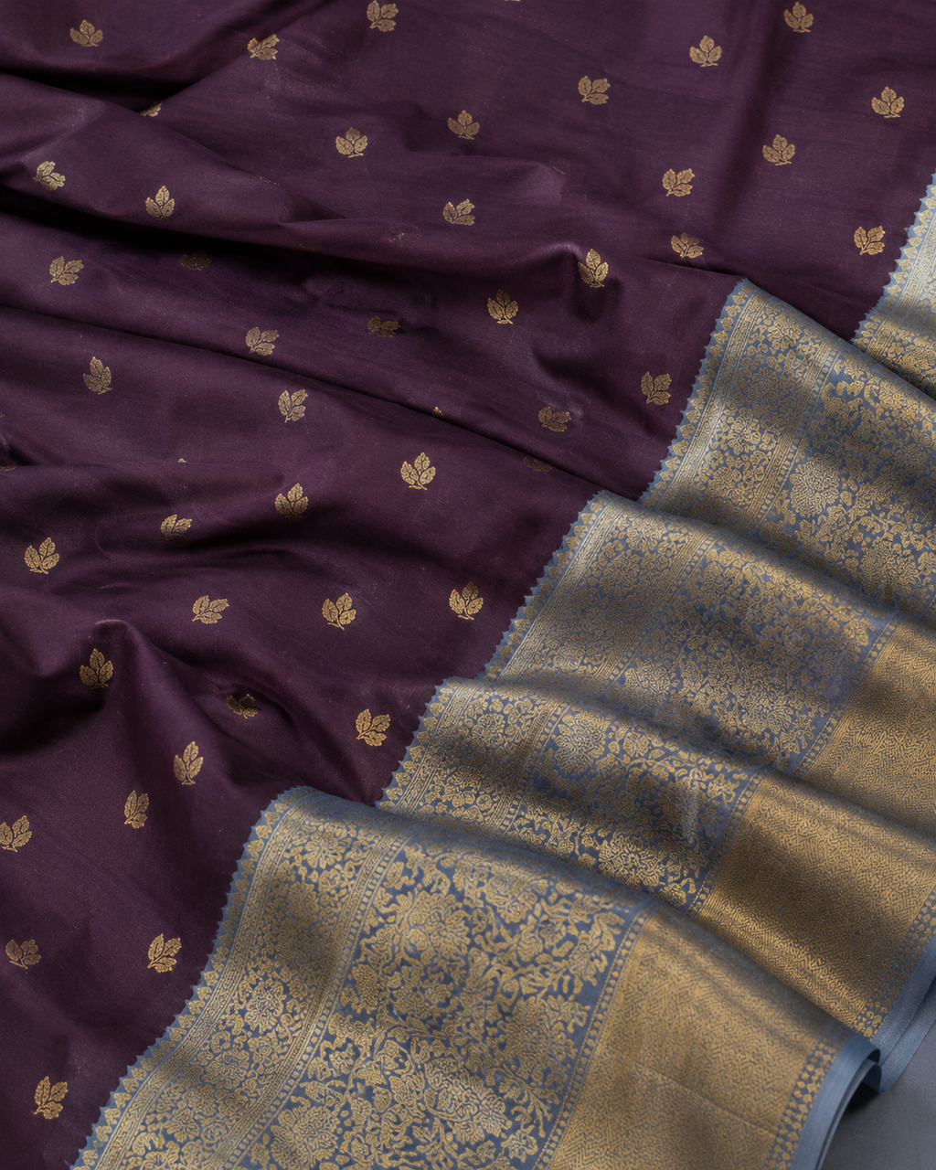 Deep Plum Banarasi Katan Silk Saree with Blue Border