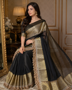Black Tissue Silk Saree with Gold Lace Fringe Border