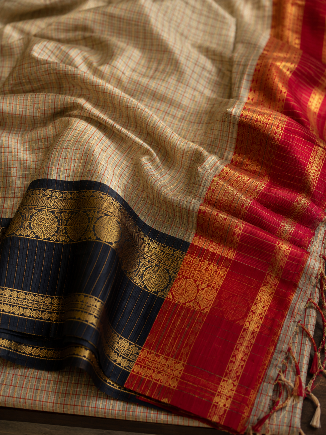 Ivory Tissue Silk Saree with Navy Blue & Red Zari Border
