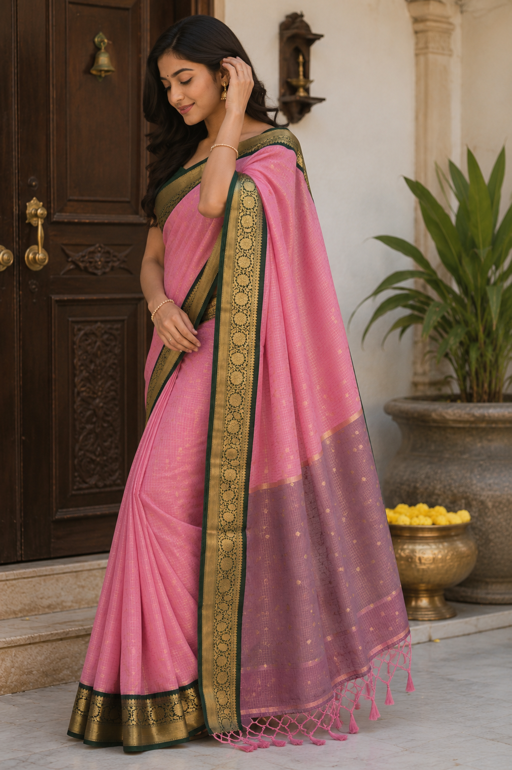 Pink Banarasi Katan Silk Saree with Green Gold Border