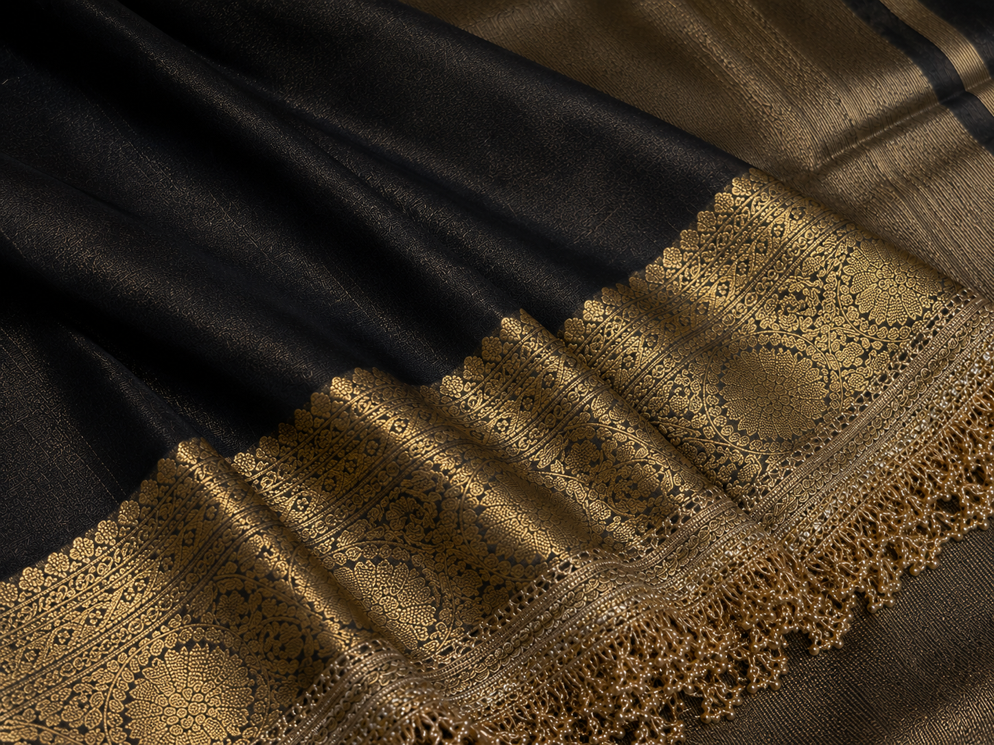 Black Tissue Silk Saree with Gold Lace Fringe Border
