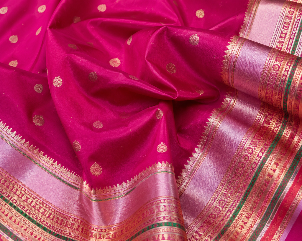 Magenta Katan Silk Saree with Rose Gold Zari Border