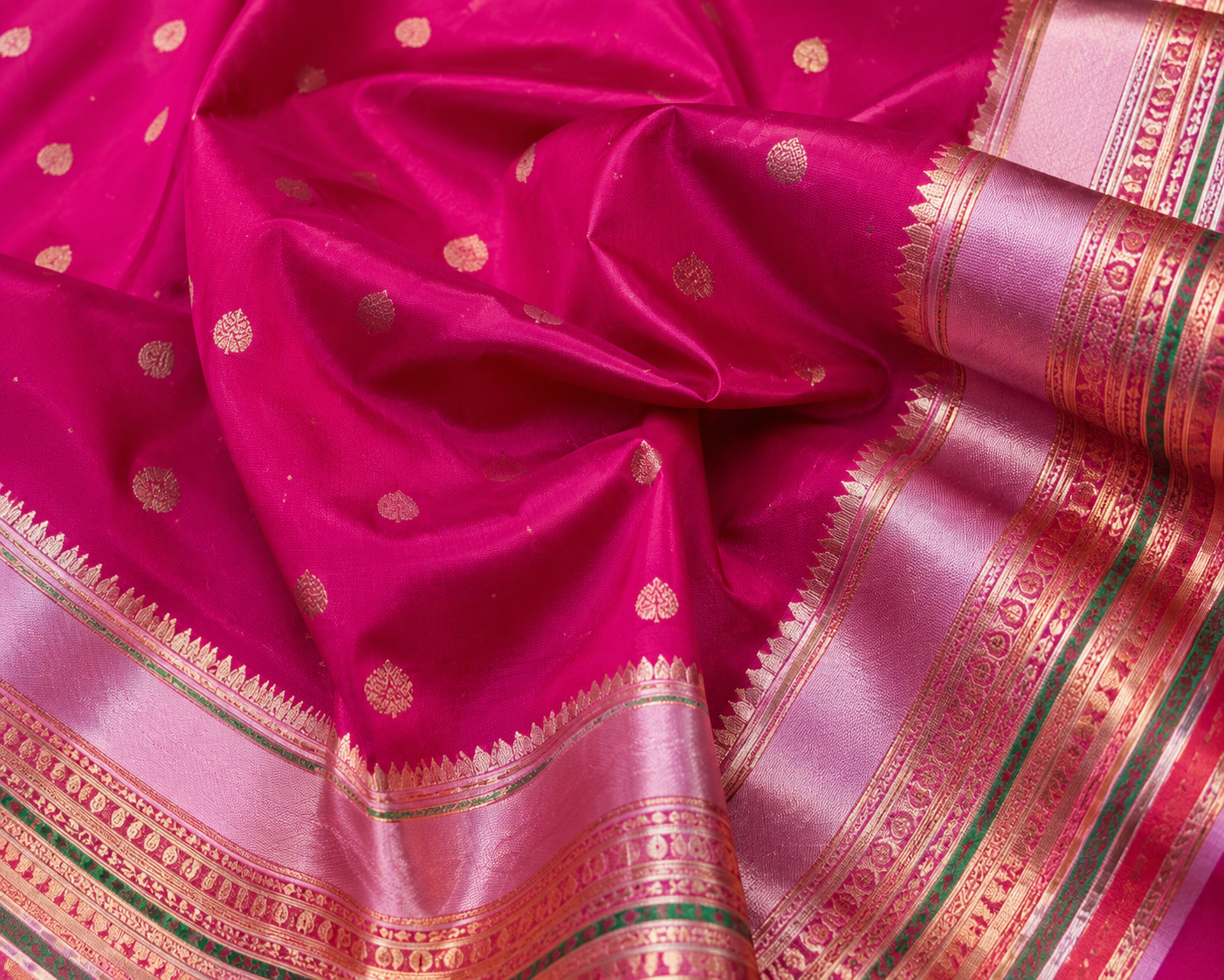 Magenta Katan Silk Saree with Rose Gold Zari Border