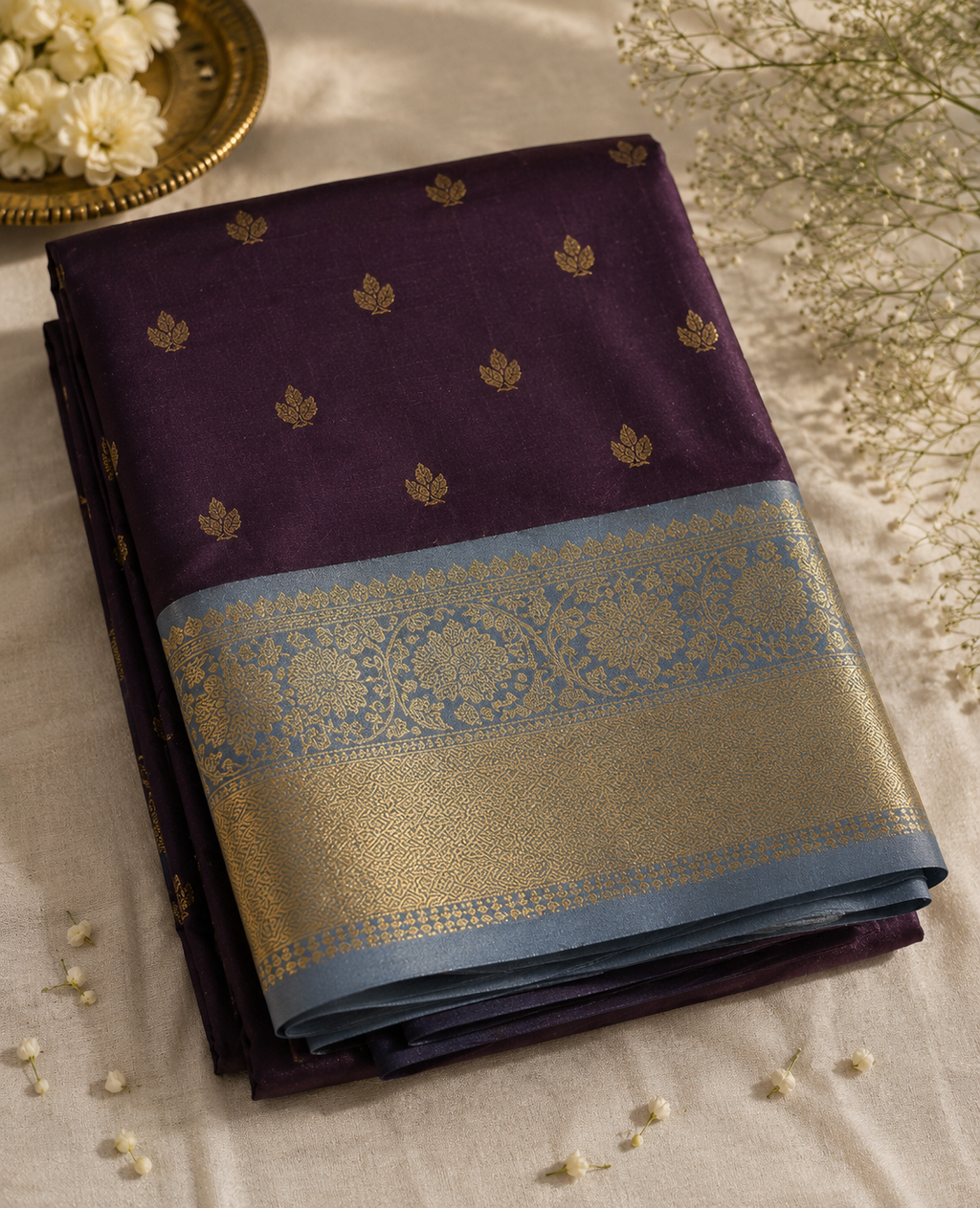 Deep Plum Banarasi Katan Silk Saree with Blue Border