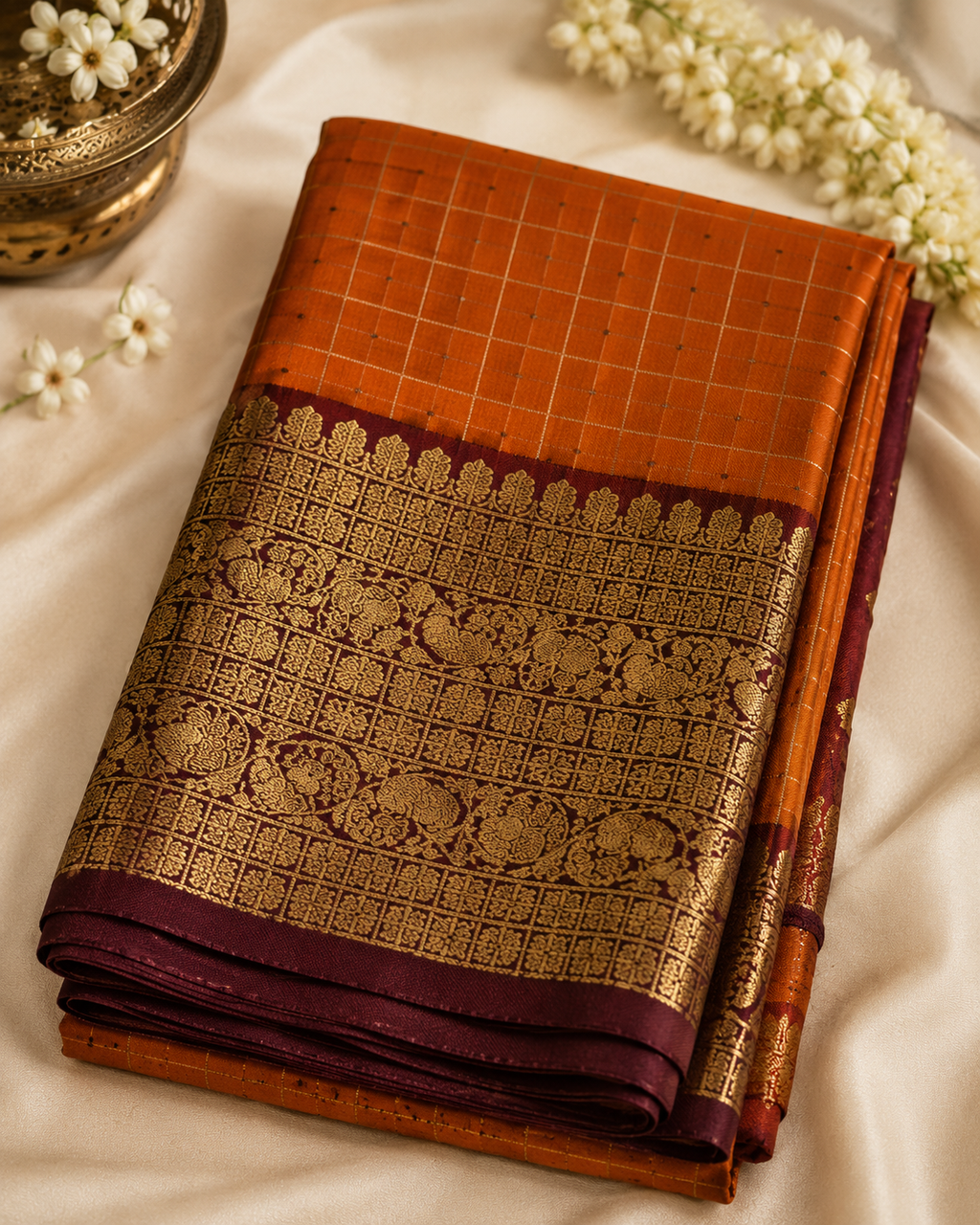 Rust Orange Katan Check Silk Saree with Gold Border