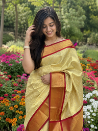 Lime Yellow Banarasi Georgette Saree with Red Gold Border