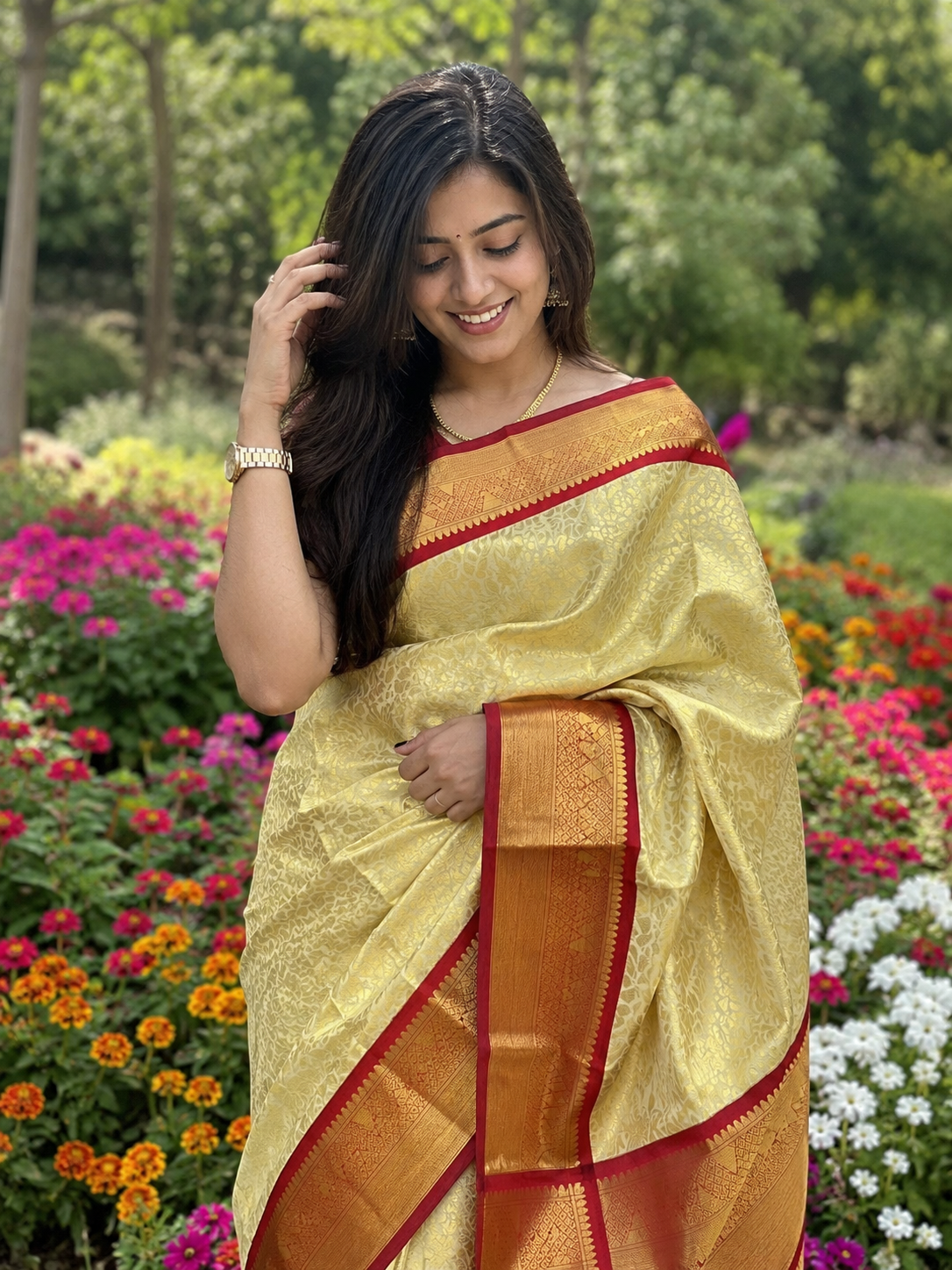 Lime Yellow Banarasi Georgette Saree with Red Gold Border