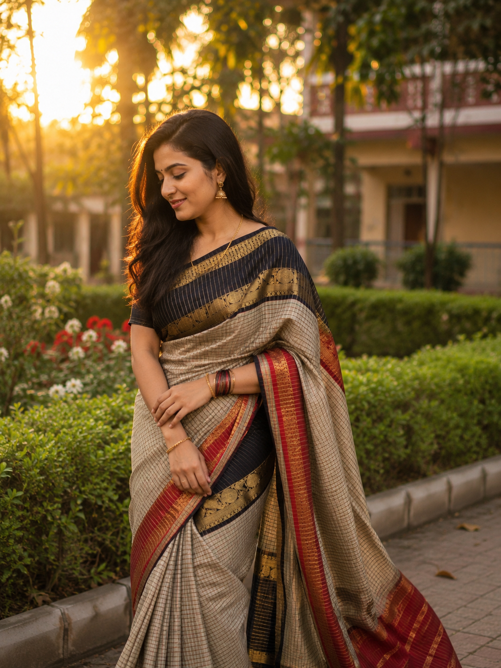 Ivory Tissue Silk Saree with Navy Blue & Red Zari Border