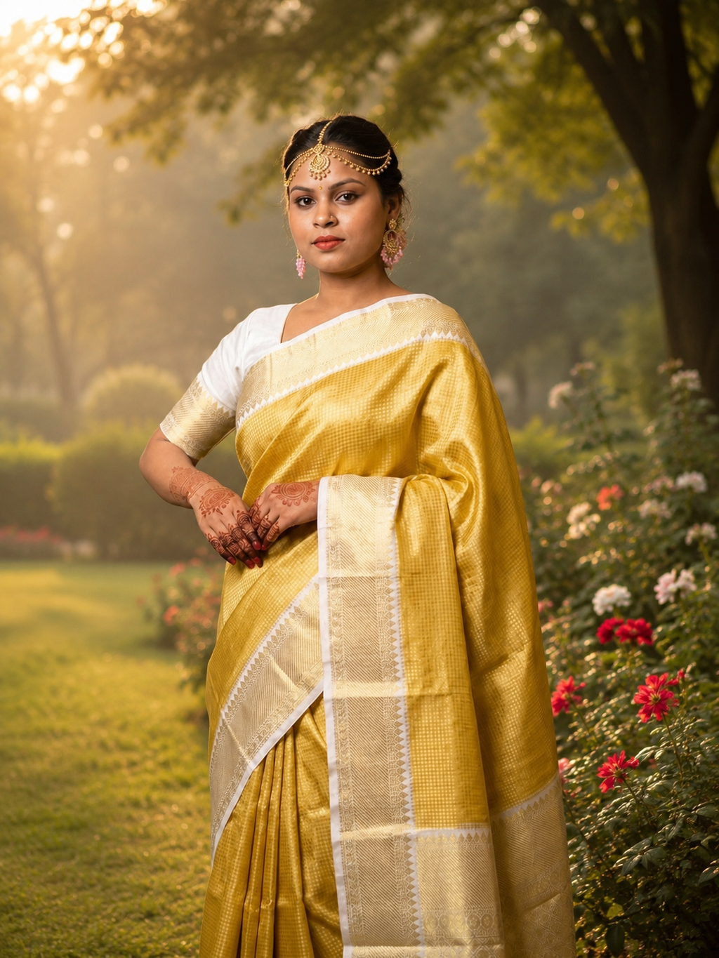 Golden Yellow Tissue Silk Saree with Gold Temple Border