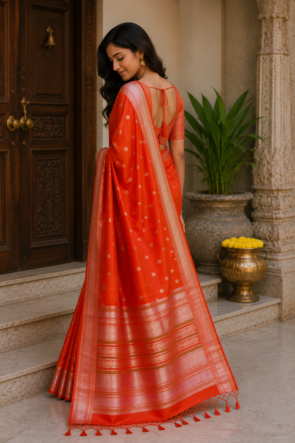 Orange Red Cotton Saree with Pink Gold Zari Border