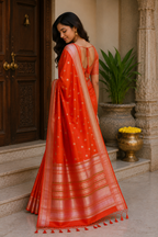 Orange Red Cotton Saree with Pink Gold Zari Border