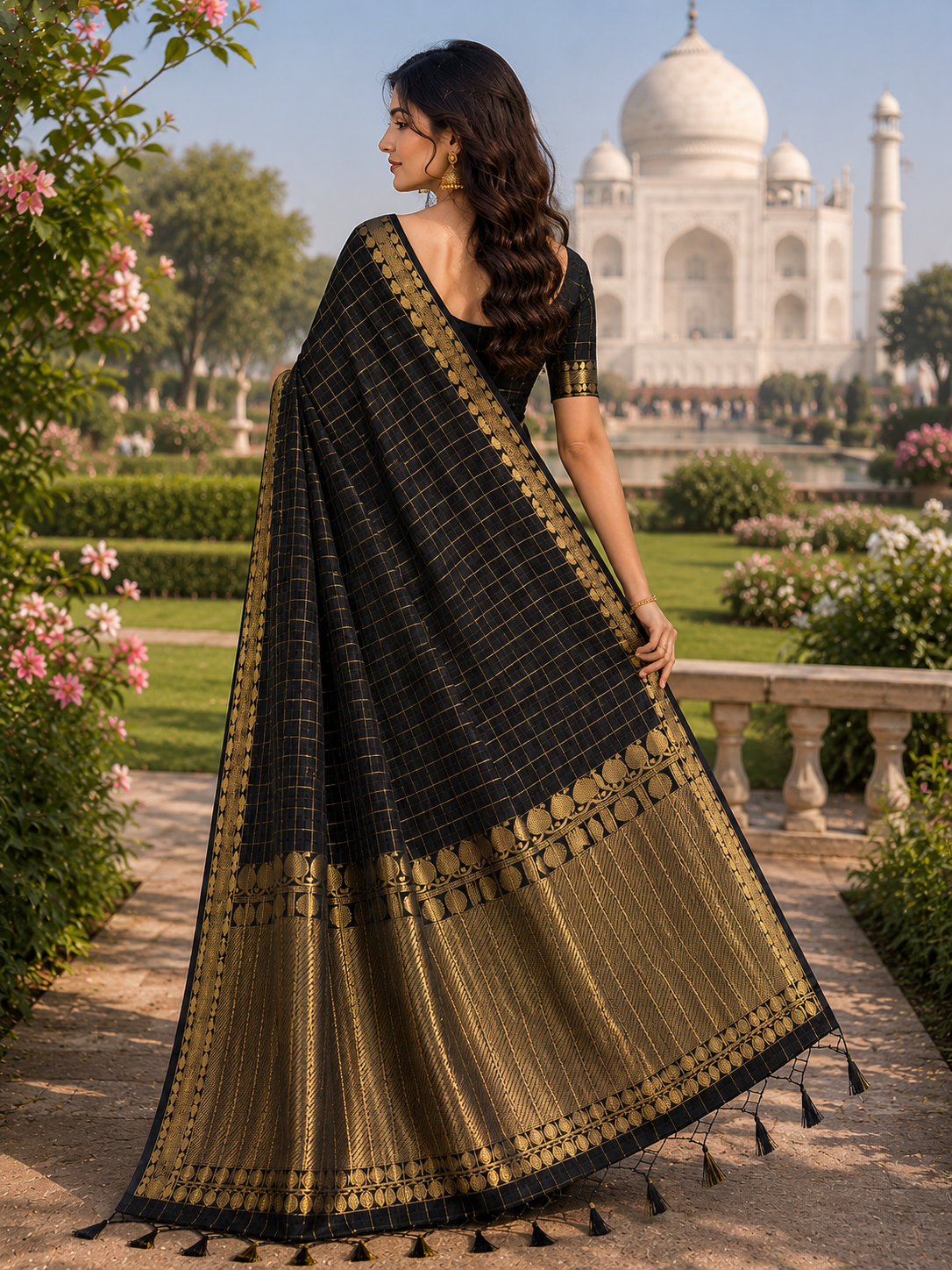 Black Cotton Check Saree with Gold Zari Border