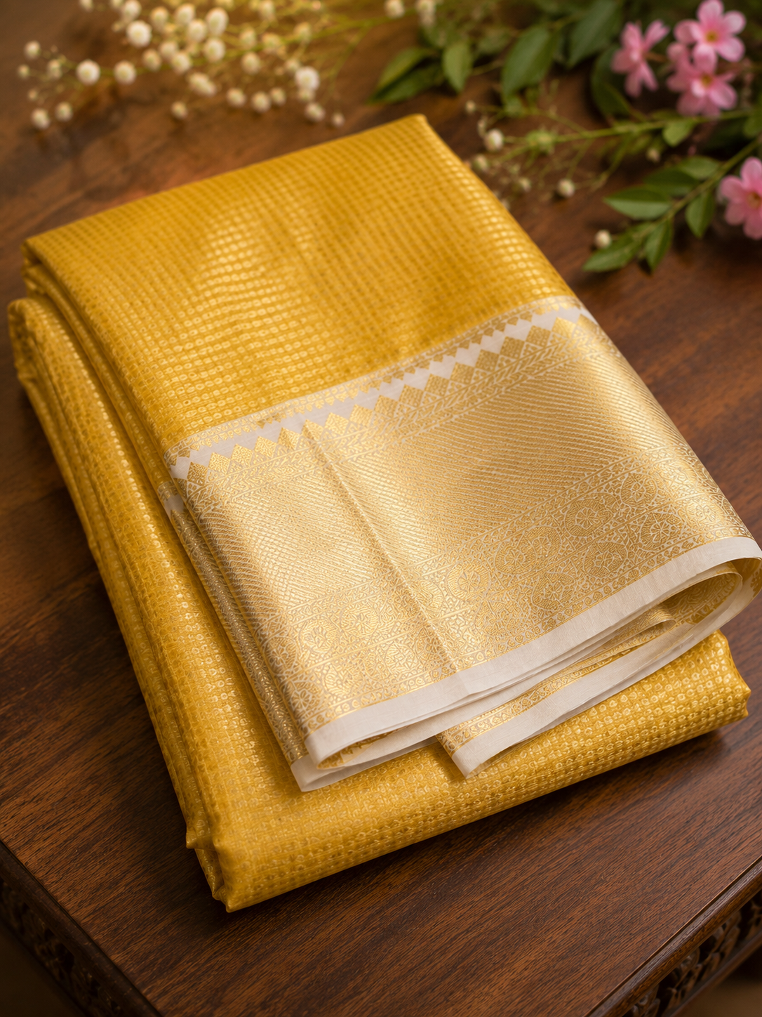 Golden Yellow Tissue Silk Saree with Gold Temple Border