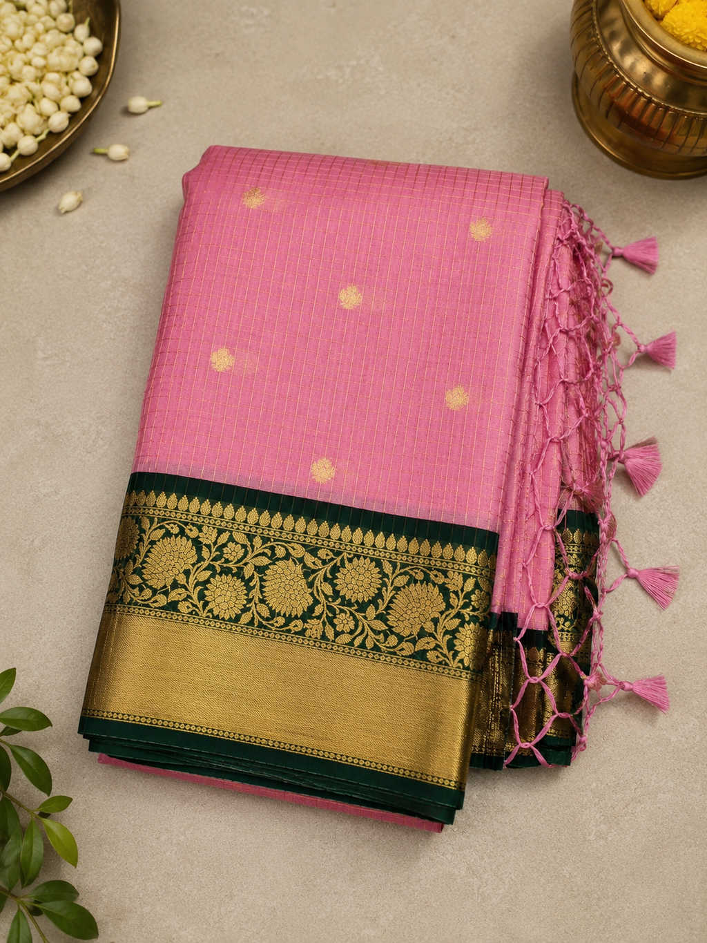 Pink Banarasi Katan Silk Saree with Green Gold Border