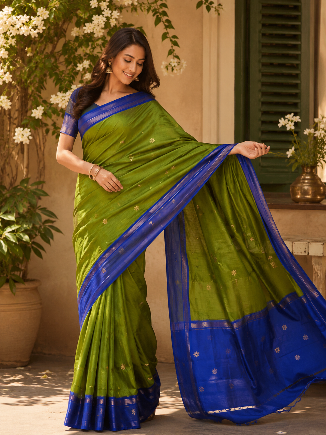 Olive Green Cotton Saree with Royal Blue Zari Border