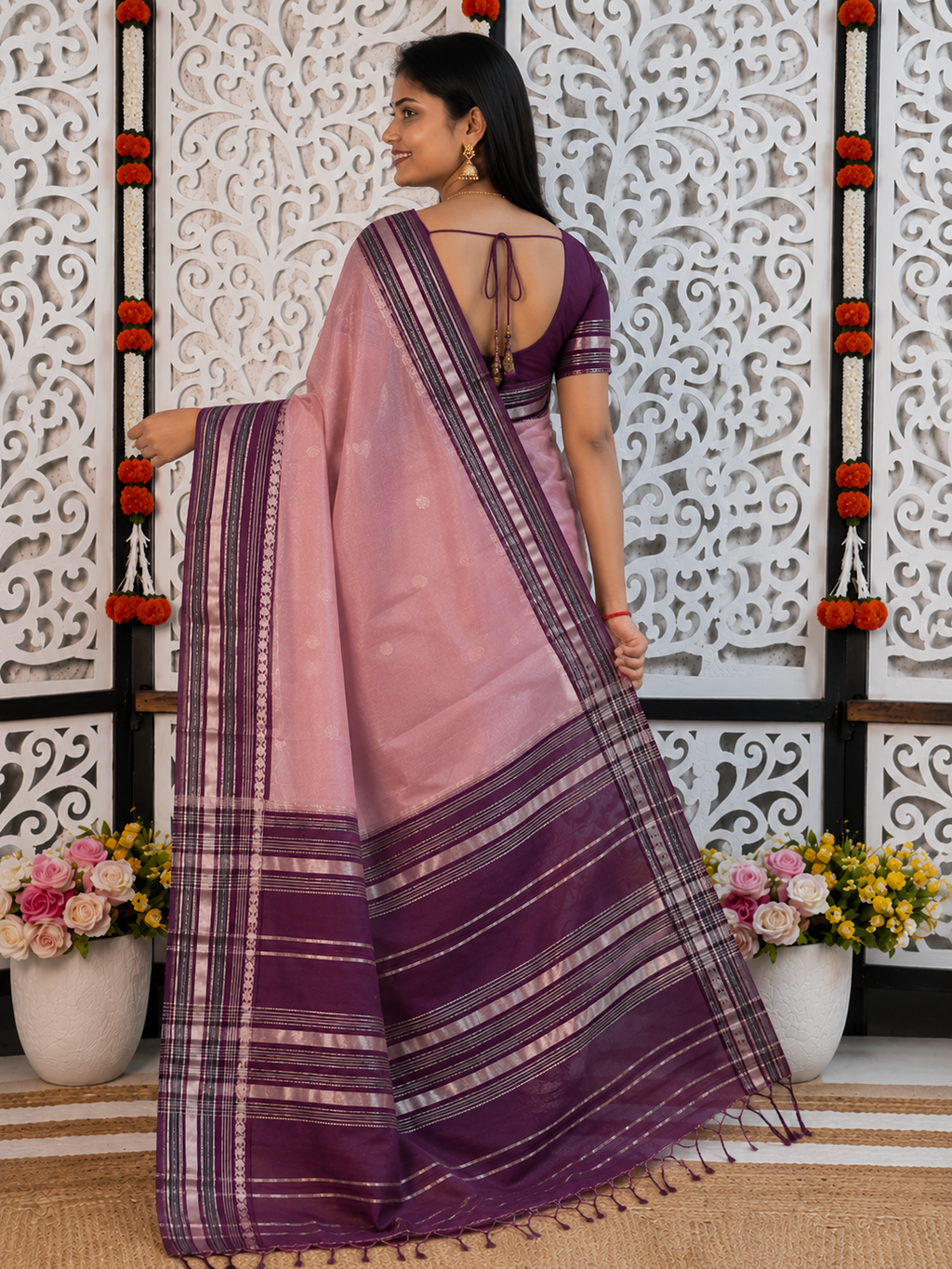 Blush Pink Katan Silk Saree with Purple Zari Border