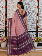 Blush Pink Katan Silk Saree with Purple Zari Border