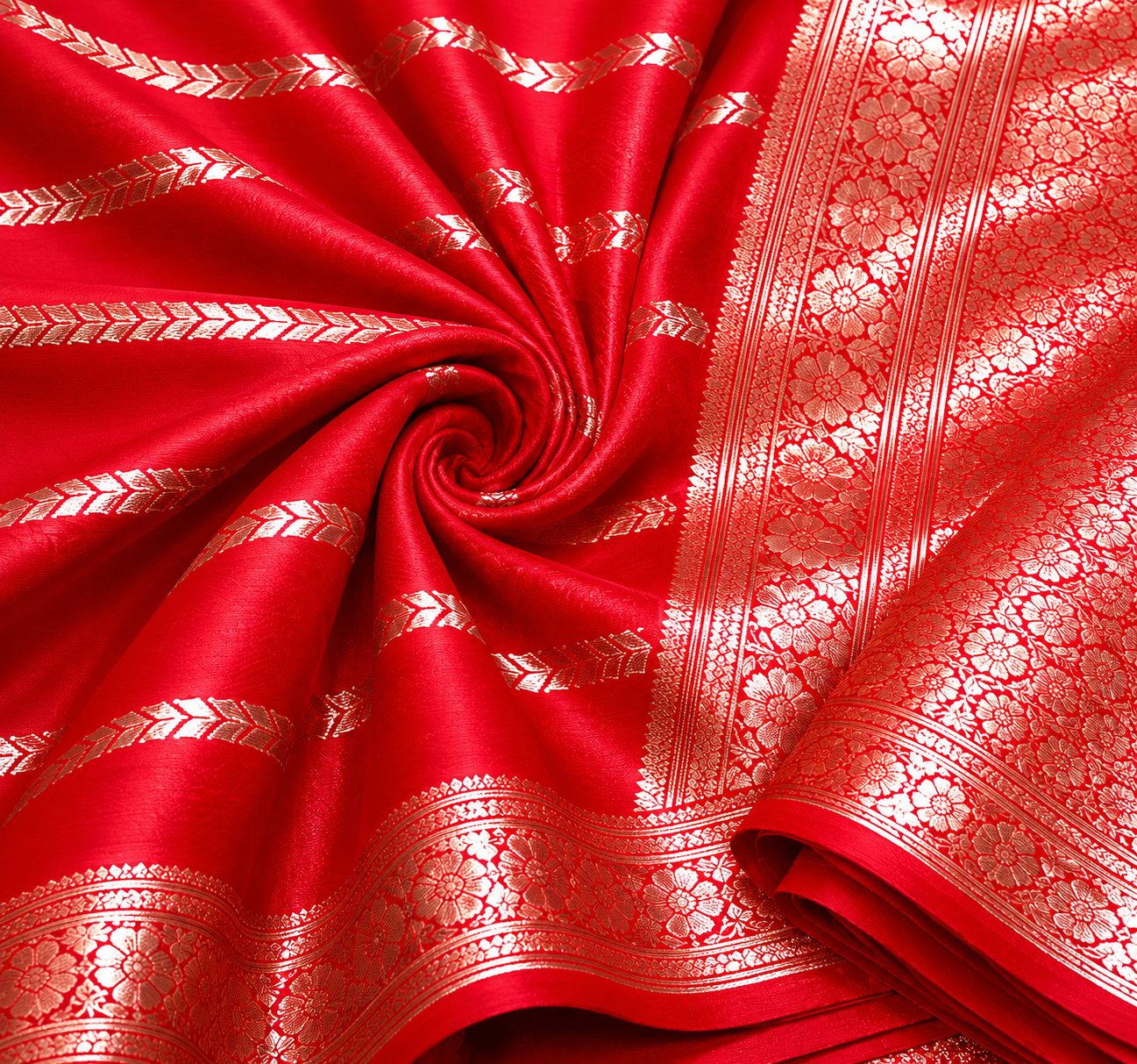 Red Banarasi Georgette Saree with Gold Floral Jaal Border