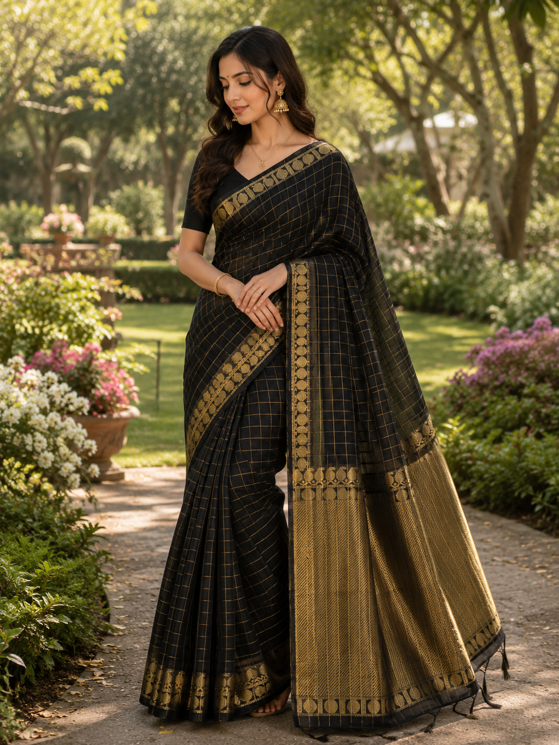 Black Cotton Check Saree with Gold Zari Border