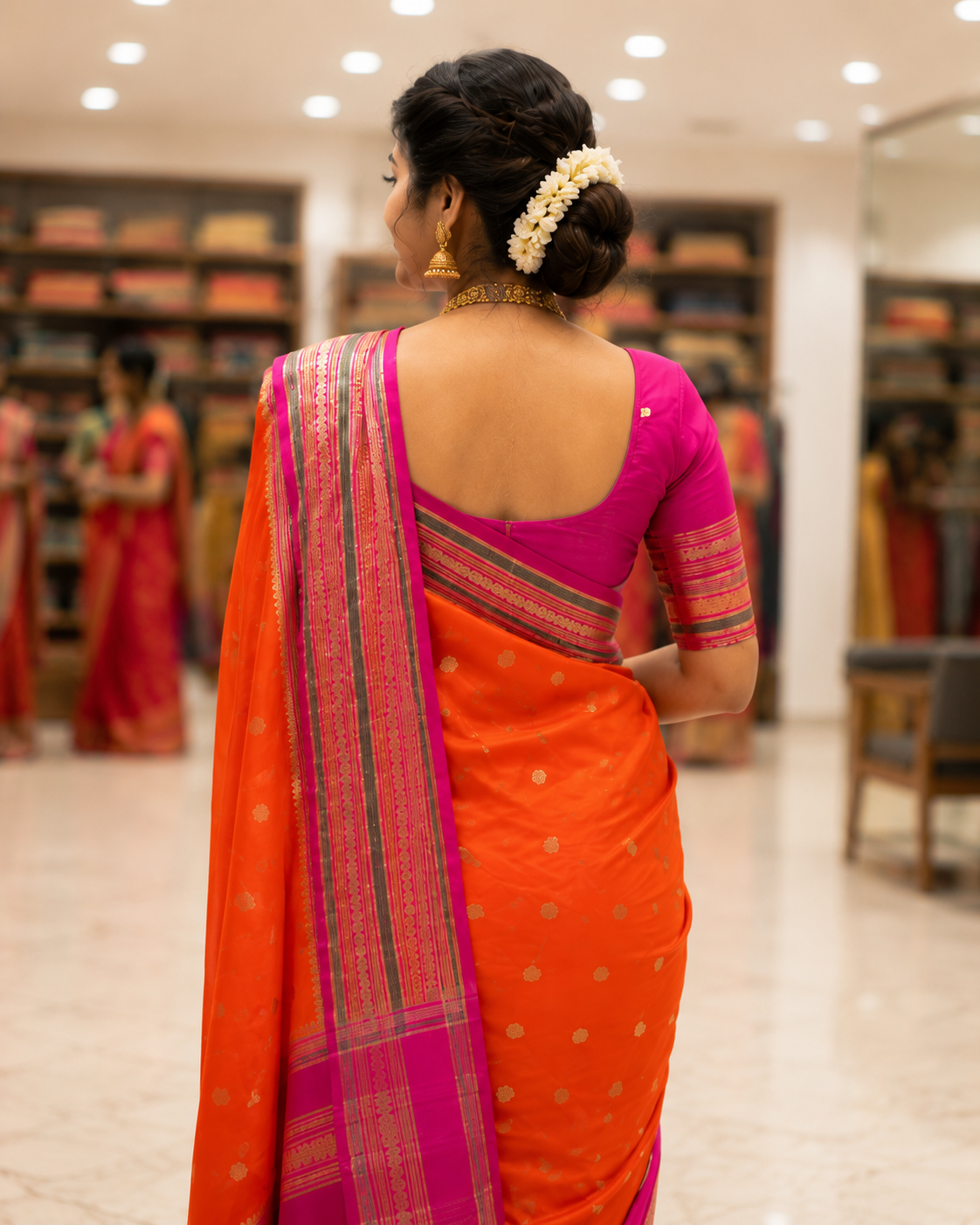 Orange Katan Silk Saree with Magenta Zari Border