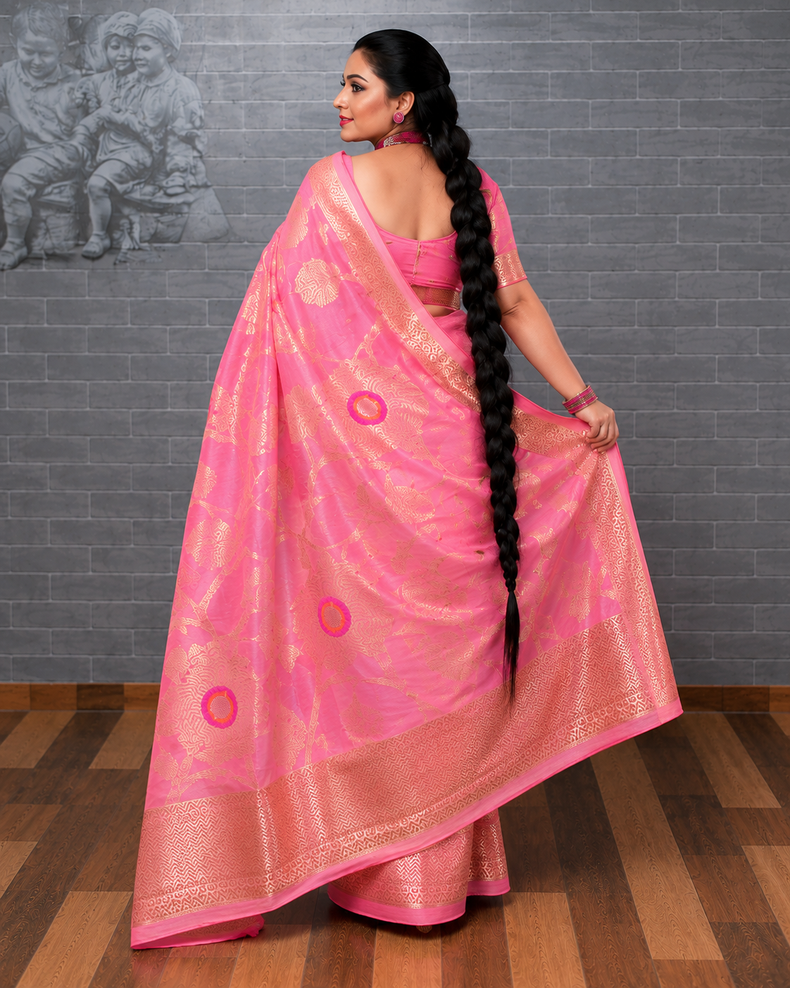 Pink Banarasi Georgette Saree with Meenakari Butis