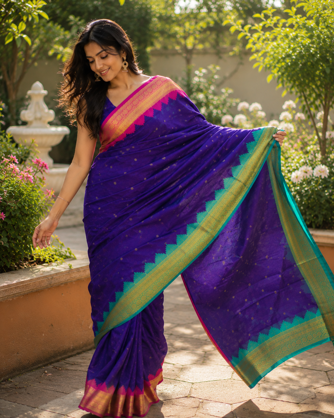 Royal Blue Katan Silk Saree with Gold Temple Border