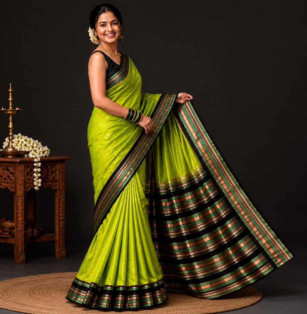 Lime Green Katan Silk Saree with Black Gold Zari Border