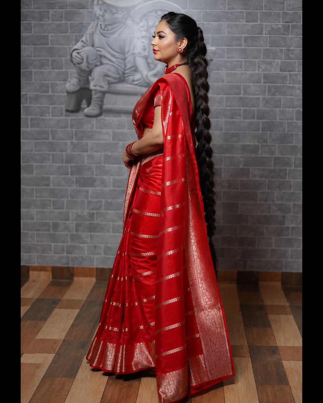 Red Banarasi Georgette Saree with Gold Floral Jaal Border
