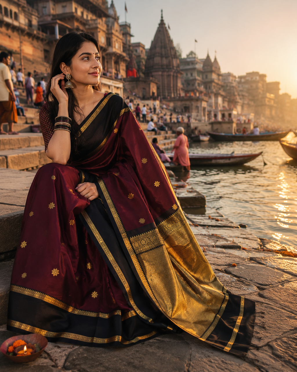 Deep Maroon Banarasi Katan Softy Saree with Gold Border