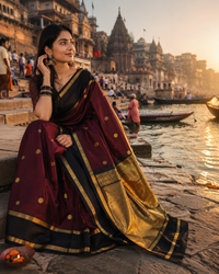 Deep Maroon Banarasi Katan Softy Saree with Gold Border