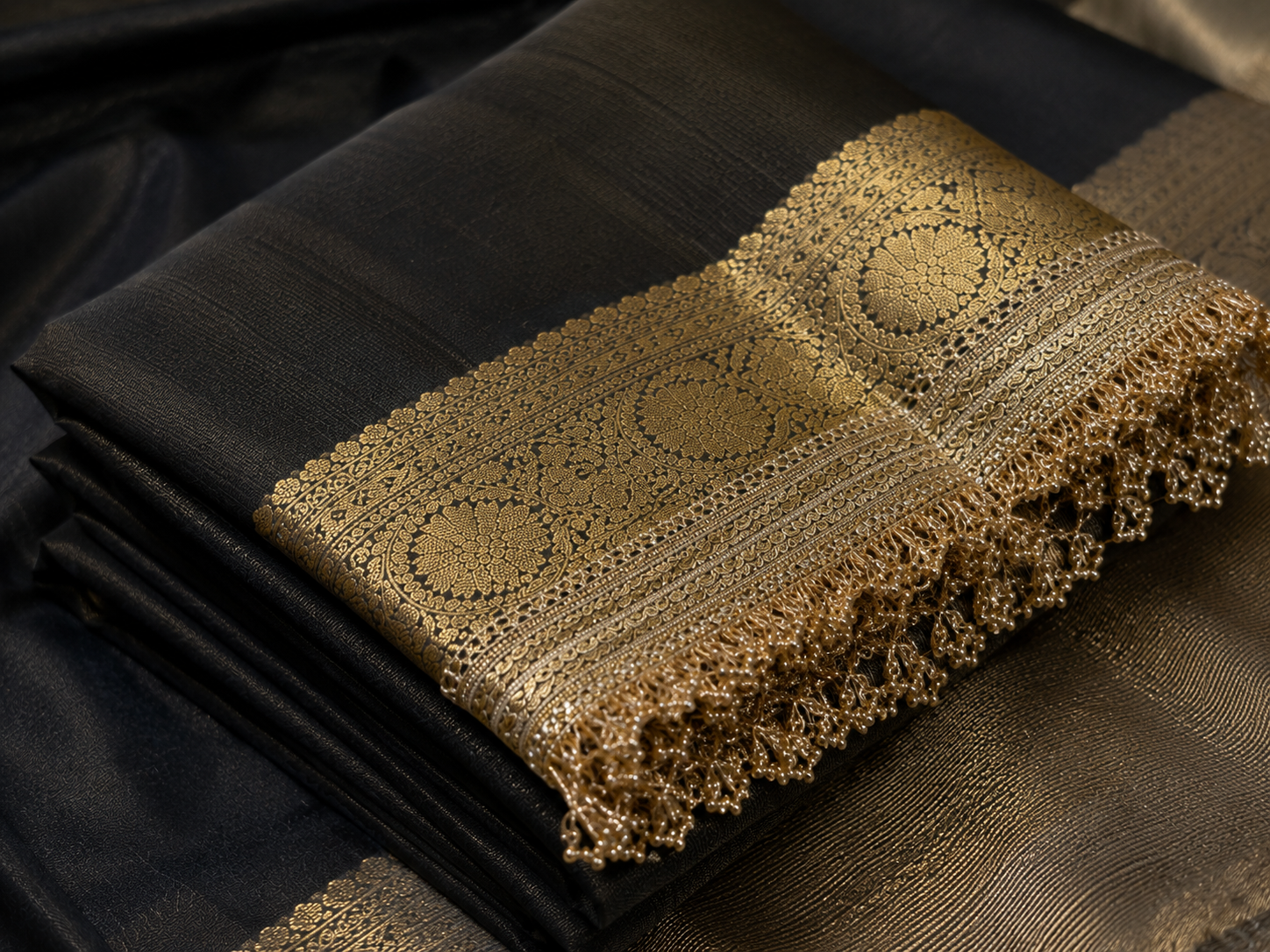 Black Tissue Silk Saree with Gold Lace Fringe Border