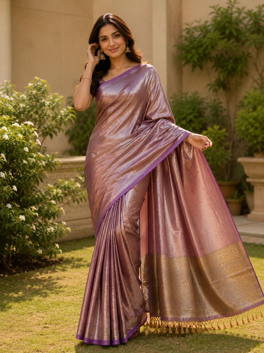 Rose Gold Lavender Tissue Silk Saree with Tassel Fringe