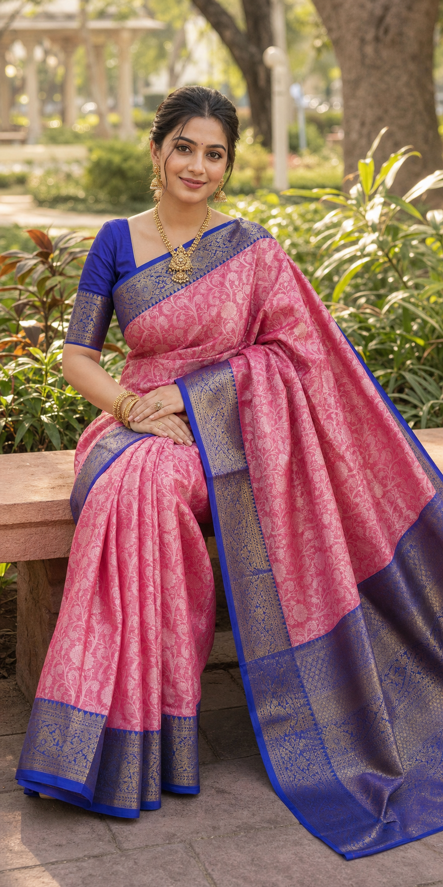 Pink Kanjivaram Warm Silk Saree with Royal Blue Zari Border