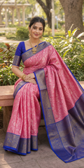 Pink Kanjivaram Warm Silk Saree with Royal Blue Zari Border