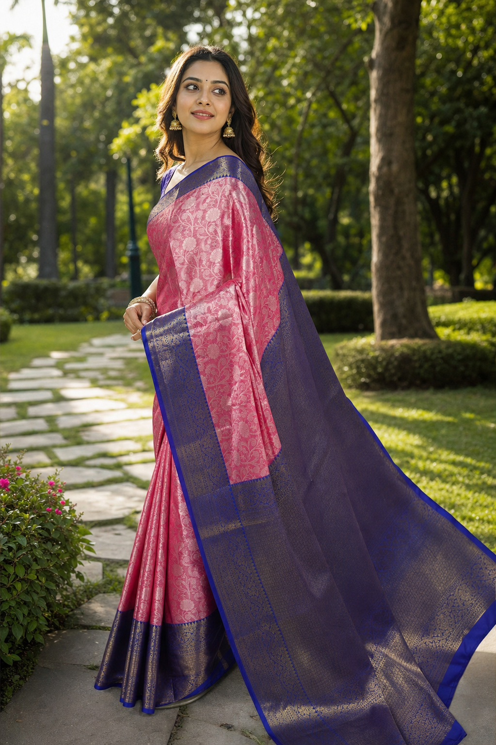 Pink Kanjivaram Warm Silk Saree with Royal Blue Zari Border