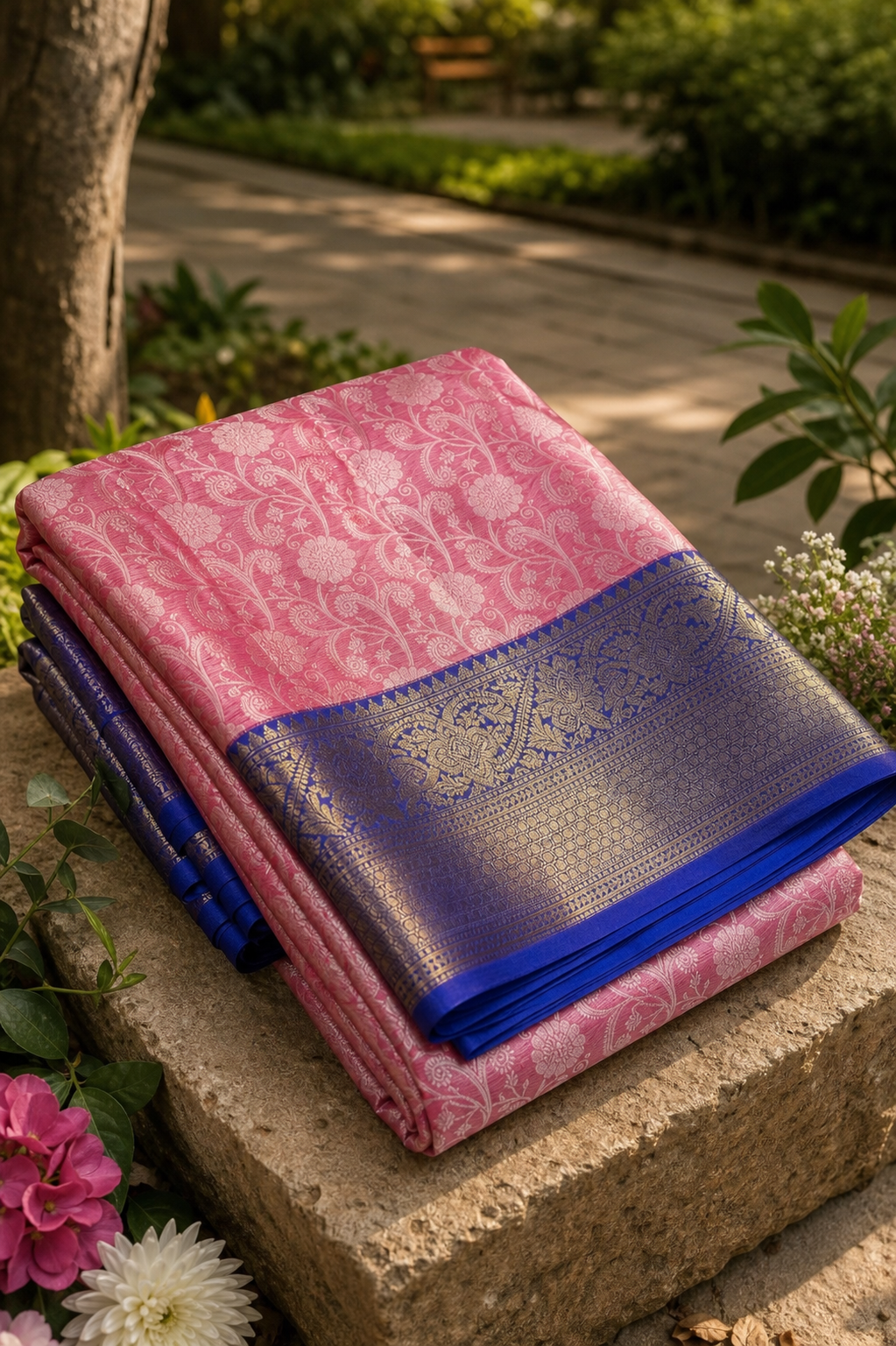 Pink Kanjivaram Warm Silk Saree with Royal Blue Zari Border
