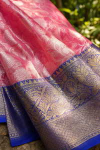 Pink Kanjivaram Warm Silk Saree with Royal Blue Zari Border